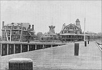 Fish Commission buildings and docks at Woods Hole, Massachusetts, c. 1892.