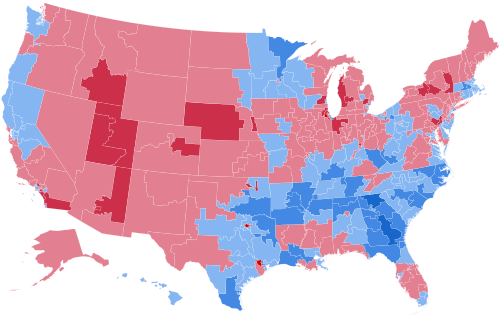 Results by congressional district, shaded according to winning candidate's percentage of the vote