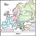 Sașii ca parte a popoarelor germanice din Europa în anul 1899 (doar cu o anumită parte a teritoriilor tradiționale locuite de aceștia în Transilvania pe această hartă, mai precis în sudul regiunii)