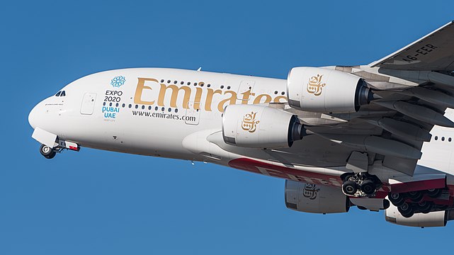 Emirates Airbus A380-861 departing Munich.