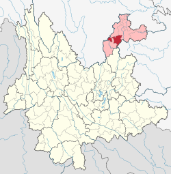 Location of Zhaoyang District (red) and Zhaotong City (pink) within Yunnan