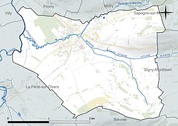 Carte en couleur présentant le réseau hydrographique de la commune