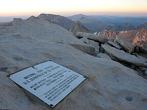 The plaque and view at the top of Mt Whitney