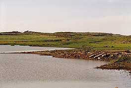 A lake with a rocky and green foreshore