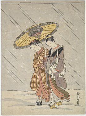 Suzuki Harunobu: Kaksi naista myrskyssä, 1764–72, 26,4 × 20,6 cm. Metropolitan Museum of Art, New York.