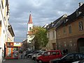 Strada Mitropoliei din Sibiu. Biserica reformată văzută dinspre Catedrala Ortodoxă.