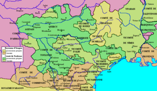 Mapa del vescomtat d'Albi entre las possessions del comtat de Tolosa en 1209.