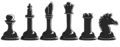 Cartoon depiction of the black pieces of chess. From left to right: pawn, king, bishop, queen, rook, and knight.