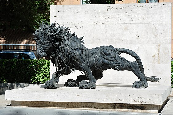 Sculpture of lion made out of used tires by Korean artist Ji Yong-Ho. Yerevan, Tamanyan street.