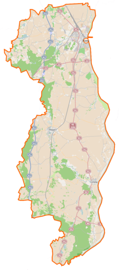 Mapa konturowa powiatu tczewskiego, po lewej znajduje się punkt z opisem „Ropuchy”