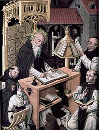 San Jerónimo nel so scriptorium, Maestru del Parral o Maestru de los Once Mil Vírxenes,[8] c. 1480-c. 1490.