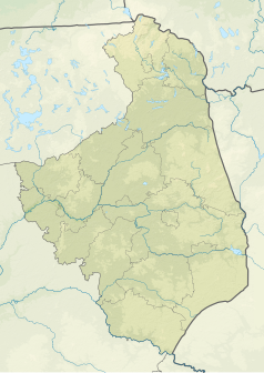 Mapa konturowa województwa podlaskiego, na dole po prawej znajduje się punkt z opisem „źródło”, poniżej na prawo znajduje się również punkt z opisem „ujście”