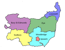 Map of parliamentary constituencies in Suffolk 1918–1950