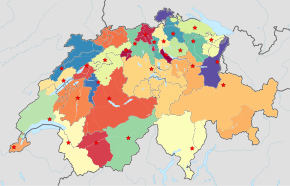 Carte de la Suisse avec différents points rouges désignant les usines d'incinération des déchets avec différents aplats de couleurs pour évoquer les territoires dépendants de ces usines.