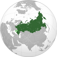 The Union State of Russia and Belarus on the globe, with Russian-occupied territories in light green[a]