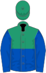 Emerald green and royal blue (halved horizontally), royal blue sleeves, emerald green cap