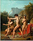 Three nude boys shooting bows and arrows