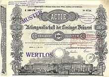 Gründeraktie der Actiengesellschaft der Liesinger Bräuerei über 100 Gulden, ausgegeben am 1. Mai 1872, unterschrieben von dem Großindustriellen Moritz Faber als General-Director