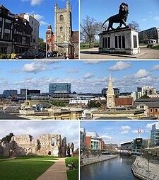 The Oracle, Centro da cidade e St Laurence's Church, horizonte de Reading West, Abadia de Reading e o Festival de Reading