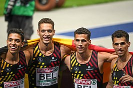 alt=Belgian Tornados (EK 2018) v.l.n.r. Jonathan Sacoor, Dylan Borlée, Kevin Borlée, Jonathan Borlée