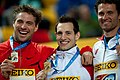 Sırıkla atlamada kazananlar (soldan) Björn Otto, Renaud Lavillenie ve Brad Walker.