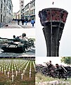 Image 14Clockwise from top left: The central street of Dubrovnik, the Stradun, in ruins during the Siege of Dubrovnik; the damaged Vukovar water tower, a symbol of the early conflict, flying the Croatian tricolor; soldiers of the Croatian Army getting ready to destroy a Serbian tank; the Vukovar Memorial Cemetery; a Serbian T-55 tank destroyed on the road to Drniš (from History of Croatia)