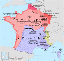 Carte de France en 1943 montrant la zone nord occupée par les Allemands, la zone sud encore libre et la zone des Alpes occupée par les Italiens.