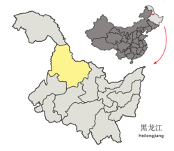 Lokasi kota Heihe (kuning) di Heilongjiang (abu-abu)