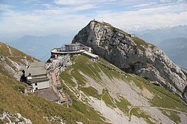 A view of the Hotel and Restaurant, the cog railway top station, and the Esel peak in the back