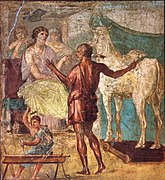 Dédalo, Pasífae y la vaca de madera, en un fresco pompeyano de la Casa de los Vettii (62 a. C.)