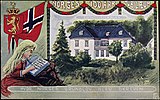 «Norges 100 Aar Jubilæum : Eidsvoldsbygningen», postkort til grunnlovsjubileet 1914. Kvinnen kan tolkes som en blond Mor Norge i sagadrakt i nasjonalfarger. Postkort: Nasjonalbiblioteket