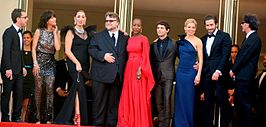 Jury competitie filmfestival van Cannes: van links naar rechts, Ethan Coen, Sophie Marceau, Rossy de Palma, Guillermo del Toro, Rokia Traoré, Xavier Dolan, Sienna Miller, Jake Gyllehnaal, Joel Coen.