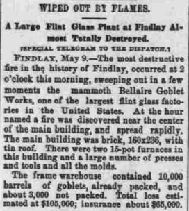 newspaper article describing a fire at the Ballaire Goblet glass works in 1889