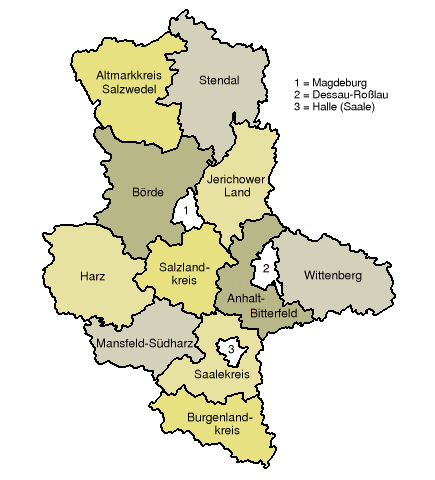 Map of Saxony-Anhalt showing the district boundaries