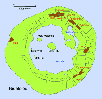 Carte d'une île indiquant en vert les terres, en marron les villages et en bleu l'océan et les lacs intérieurs