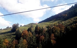 Teile der Wiesen und Bewaldung, mittig die Alphütte auf 1068 m