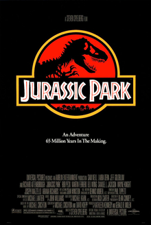 A black poster featuring a red shield with a stylized Tyrannosaurus skeleton under a plaque reading "Jurassic Park". Below is the tagline "An Adventure 65 Million Years in the Making".