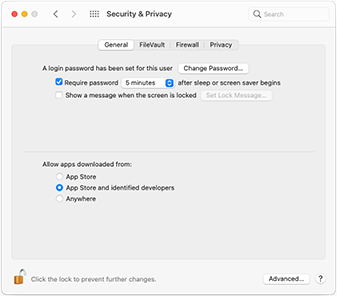 Screenshot of the System Preferences application of OS X Yosemite, showing the three Gatekeeper options as radio buttons.