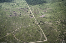 Aerial photo of a large open area bordered by thick vegetation. A road runs from top to bottom through the middle of the position while a range of field defences, earthworks and armoured vehicles are evident. Smoke is rising from the position.