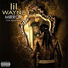 Lil Wayne staring at a mirror seeing a reflection of a younger himself, the words "Lil Wayne Mirror feat. Bruno Mars" are on the top of the image.