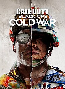 Cover artwork, depicting a split male figure; the left side depicts a Soviet soldier, while the right side depicts an American soldier. Text at the top reads "Call of Duty: Black Ops Cold War".