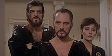 General Zod, Non (both bearded) and Ursa in the film Superman II.