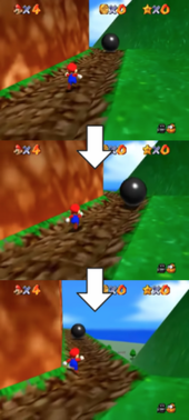 Three screenshots demonstrating the virtual camera system in Super Mario 64