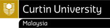 White hexagon over shield of horizontal stripes to the left of the words "Curtin University Malaysia".