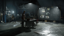 A screenshot of the "safe house" feature found in Black Ops Cold War's single-player campaign. Players can use the safe house to to review evidence, interact with NPCs, and plan out missions via an evidence board.