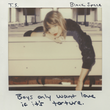 Cover artwork of "Blank Space", a polaroid photo of Swift leaning on a bench