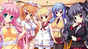 five anime girls with pink, orange, blonde, blue and black hair (respectively, from left to right)