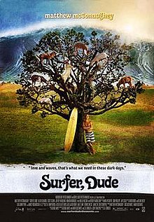 A tree with goats sitting on the branches. A surf board and a man are leaning against the tree trunk. In the far distance is an enormous wave.