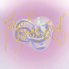 An abstract, tubular lavender swirl is shown in the middle of a pink background, while yellow and purple swirls in front of it spell out "Björk".