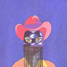 A colorful and crude drawing of Peck's face with a fringed mask and cowboy hat